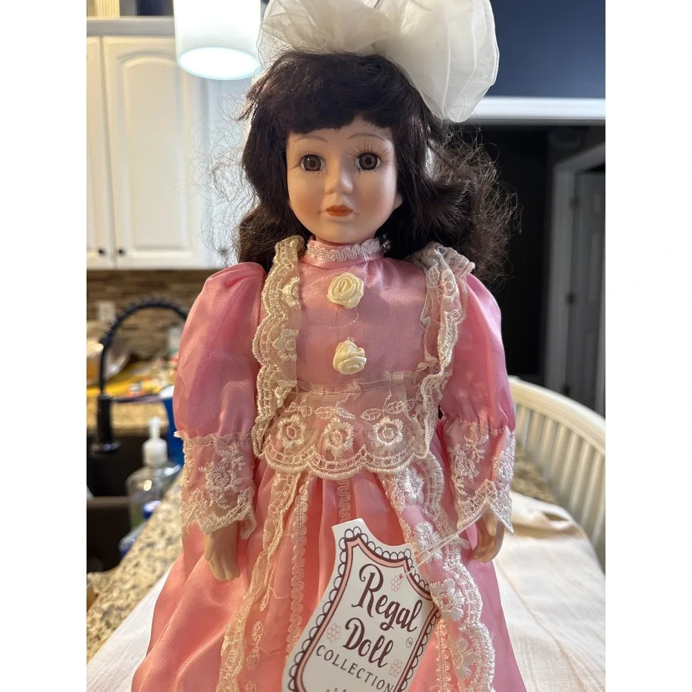 Regal Doll‎ Collection Porcelain Doll Pink Lace Victorian Gown 16.5 Inch Brown